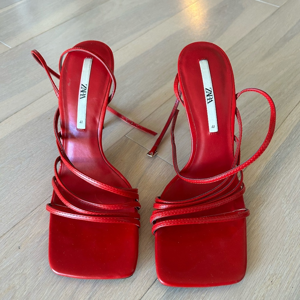 Zara Red Leather Strappy Heels - Size 41